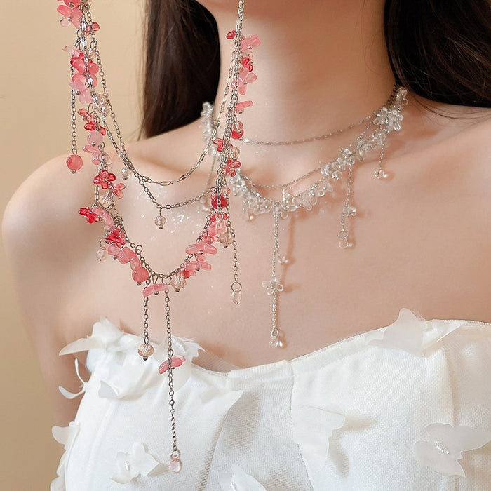 Light Luxury Pink Glass Beaded Layered Floral Collarbone Necklace For Women