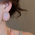 Pink Oval Acrylic Stud Earrings With Silver Posts, French Vintage Elegant Geometric Jewelry view 3