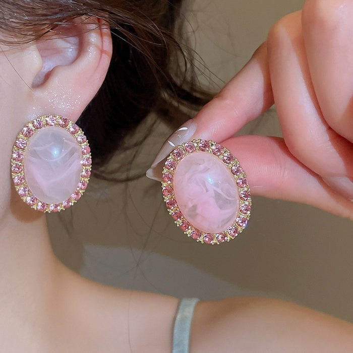 Pink Oval Acrylic Stud Earrings With Silver Posts, French Vintage Elegant Geometric Jewelry
