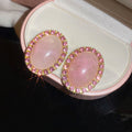 Pink Oval Acrylic Stud Earrings With Silver Posts, French Vintage Elegant Geometric Jewelry view 2