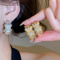 French Vintage Flower Rhinestone Copper Stud Earrings For Women Light Luxury OL Style view 2