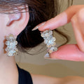 French Vintage Flower Rhinestone Copper Stud Earrings For Women Light Luxury OL Style view 4