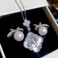 Elegant Vintage New Chinese Style Zircon Mother Of Pearl Lucky Clover Bow Faux Pearl Earrings Necklace Jewelry Set For W view 1