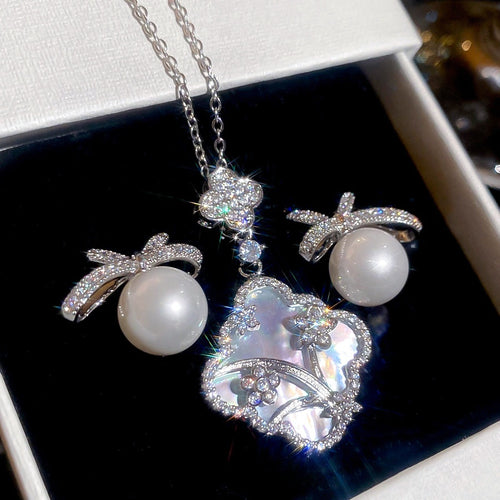 Elegant Vintage New Chinese Style Zircon Mother Of Pearl Lucky Clover Bow Faux Pearl Earrings Necklace Jewelry Set For W