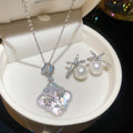 Elegant Vintage New Chinese Style Zircon Mother Of Pearl Lucky Clover Bow Faux Pearl Earrings Necklace Jewelry Set For W view 3