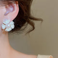 Elegant Large Flower Zircon Faux Pearl Stud Earrings For Women Fashion OL Jewelry view 3