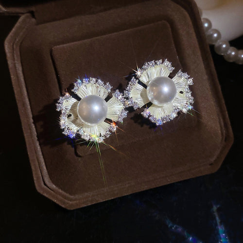 Elegant Large Flower Zircon Faux Pearl Stud Earrings For Women Fashion OL Jewelry