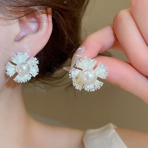 Elegant Large Flower Zircon Faux Pearl Stud Earrings For Women Fashion OL Jewelry