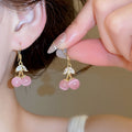 18K Gold Plated Cat Eye Stone Zircon Cherry Fruit Drop Earrings For Women view 2