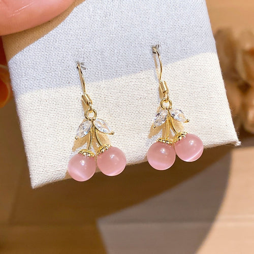 18K Gold Plated Cat Eye Stone Zircon Cherry Fruit Drop Earrings For Women