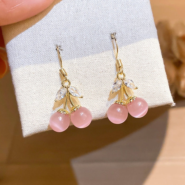 18K Gold Plated Cat Eye Stone Zircon Cherry Fruit Drop Earrings For Women