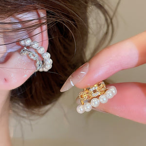 2026 New Zircon Faux Pearl C-Shaped Clip-on Earrings For Women, Light Luxury Oval Ear Cuffs