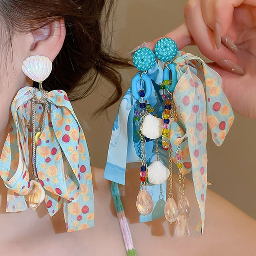Bohemian Fabric Shell Flower Stud Earrings For Women Summer Beach Vacation Dopamine Style