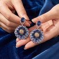 Luxury Vintage Blue Zircon Rhinestone Flower Teardrop Dangle Tassel Silver Needle Stud Earrings view 3