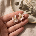 Elegant Vintage French Pink Enamel Flower Studs With Rhinestone Accents And Silver Needle Earrings view 4