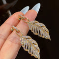 Vintage Luxury Copper Leaf Feather Rhinestone Statement Earrings view 1