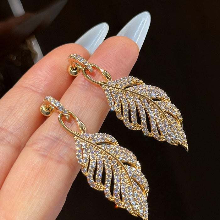 Vintage Luxury Copper Leaf Feather Rhinestone Statement Earrings