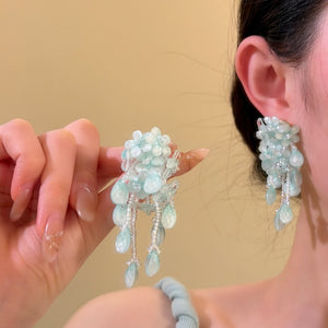 Blue Resin Beaded Flower Tassel Drop Earrings, Sweet Vacation Beach Style Jewelry