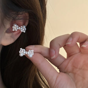 Sweet Bow Pearl Micro Pave Copper Clip-on Earrings No Piercing Ear Cuff Jewelry