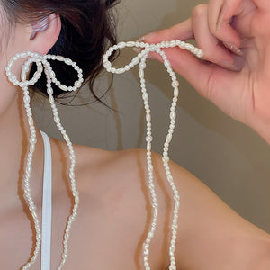 2026 Faux Pearl Beaded Big Bow Tassel Drop Earrings Fashion OL Statement Jewelry