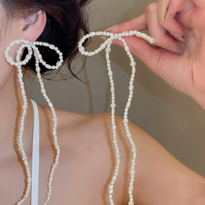 2026 Faux Pearl Beaded Big Bow Tassel Drop Earrings Fashion OL Statement Jewelry
