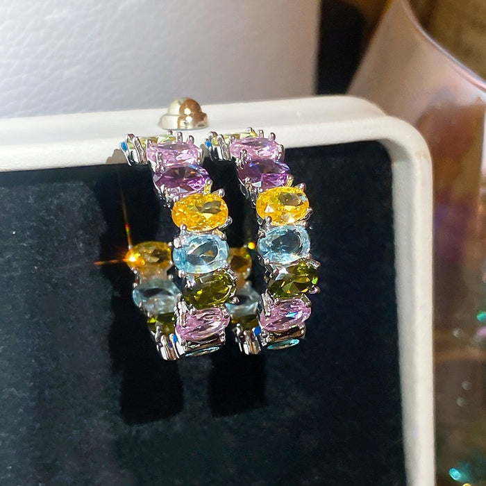 2026 Colorful Sugar Cube Zircon Copper Stud Earrings Geometric Oval Light Luxury Summer Sweet Cool
