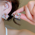 Korean Sweet Cool 3D Square Rhinestone Acrylic Copper Stud Earrings For Women view 3