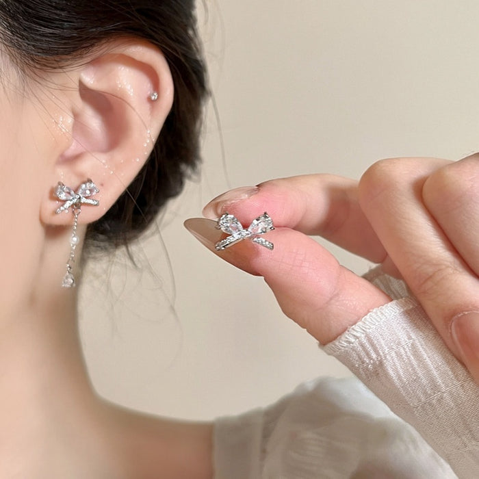 Korean Japanese Sweet Bow Tassel Teardrop Copper Drop Earrings Fashion Stud Style