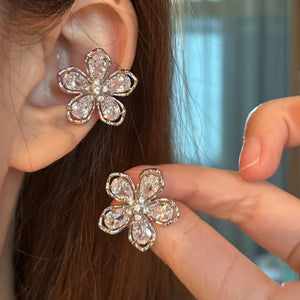 Korean Style Zircon Flower Clip-on Earrings For Women, Minimalist Light Luxury Ear Cuffs