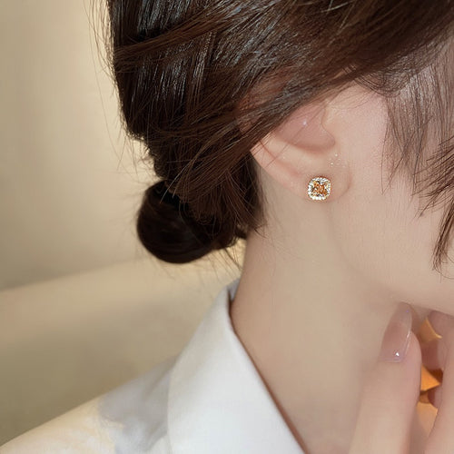 18K Gold Plated Copper Square Zircon Stud Earrings With Silver Pins Minimalist Luxury Style