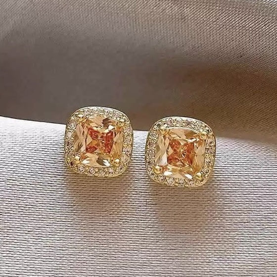 18K Gold Plated Copper Square Zircon Stud Earrings With Silver Pins Minimalist Luxury Style