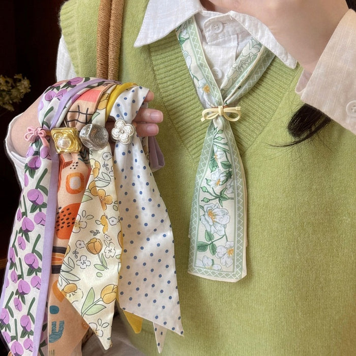 Colorful Tulip Floral Fabric Scarf Necklace For Women Old Money Polka Dot Summer Neck Accessory