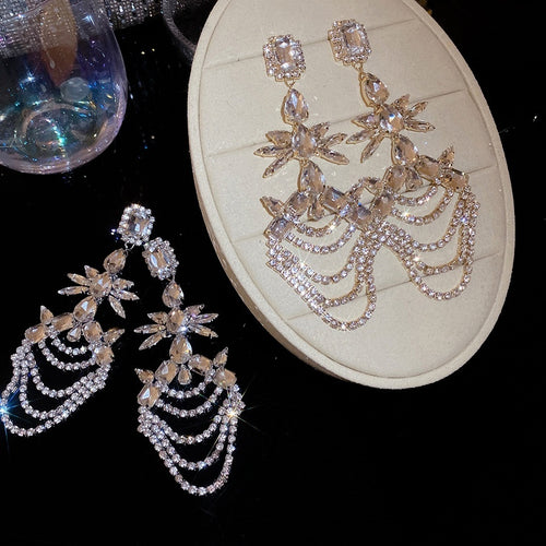 Copper Teardrop Tassel Drop Earrings With Rhinestone Geometric Luxury Formal Style