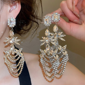 Copper Teardrop Tassel Drop Earrings With Rhinestone Geometric Luxury Formal Style