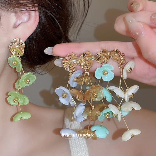 Bohemian Vacation Style Acrylic Flower Tassel Drop Earrings With Silver Pins For Women