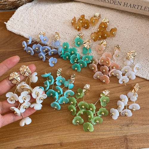 Bohemian Vacation Style Acrylic Flower Tassel Drop Earrings With Silver Pins For Women
