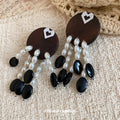 Bohemian Faux Pearl Bead Curtain Stud Earrings With Wooden Round Disc Ethnic Vintage Design view 2