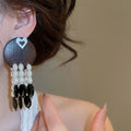 Bohemian Faux Pearl Bead Curtain Stud Earrings With Wooden Round Disc Ethnic Vintage Design view 3