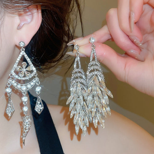 European Style Alloy Rhinestone Flower Tassel Drop Earrings For Evening Dress