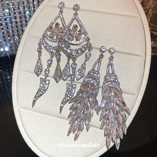 European Style Alloy Rhinestone Flower Tassel Drop Earrings For Evening Dress