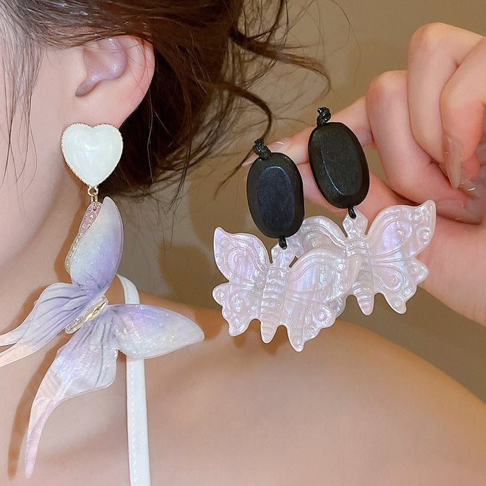 2026 New Iridescent Acrylic Butterfly Heart Drop Earrings Sweet Fairy Style Stud Jewelry