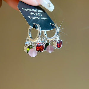 French Elegant Square Crystal Cat Eye Stone Earrings, Contrast Color New Chinese Geometric Design