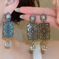 Vintage Alloy Rhinestone Square Stud Earrings With Silver Pins Retro Palace Style view 1