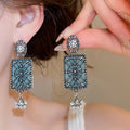 Vintage Alloy Rhinestone Square Stud Earrings With Silver Pins Retro Palace Style view 3