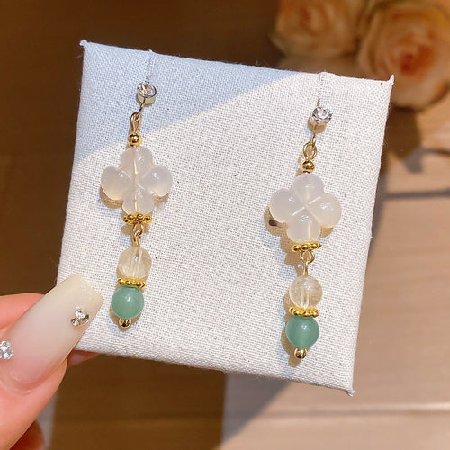 Vintage Agate Flower Tassel Drop Earrings With Rhinestone Accents, New Chinese Style