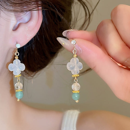 Vintage Agate Flower Tassel Drop Earrings With Rhinestone Accents, New Chinese Style