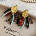 Vintage Gold Leaf Stone Beaded Tassel Stud Earrings Ethnic Bohemian Geometric Jewelry view 2