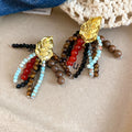 Vintage Gold Leaf Stone Beaded Tassel Stud Earrings Ethnic Bohemian Geometric Jewelry view 4