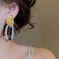 Vintage Gold Leaf Stone Beaded Tassel Stud Earrings Ethnic Bohemian Geometric Jewelry view 3