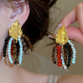 Vintage Gold Leaf Stone Beaded Tassel Stud Earrings Ethnic Bohemian Geometric Jewelry view 1